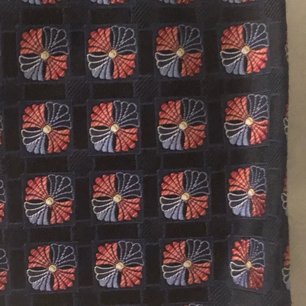 Zegna Men's Navy Patterned Silk Tie with Red and Blue Accents